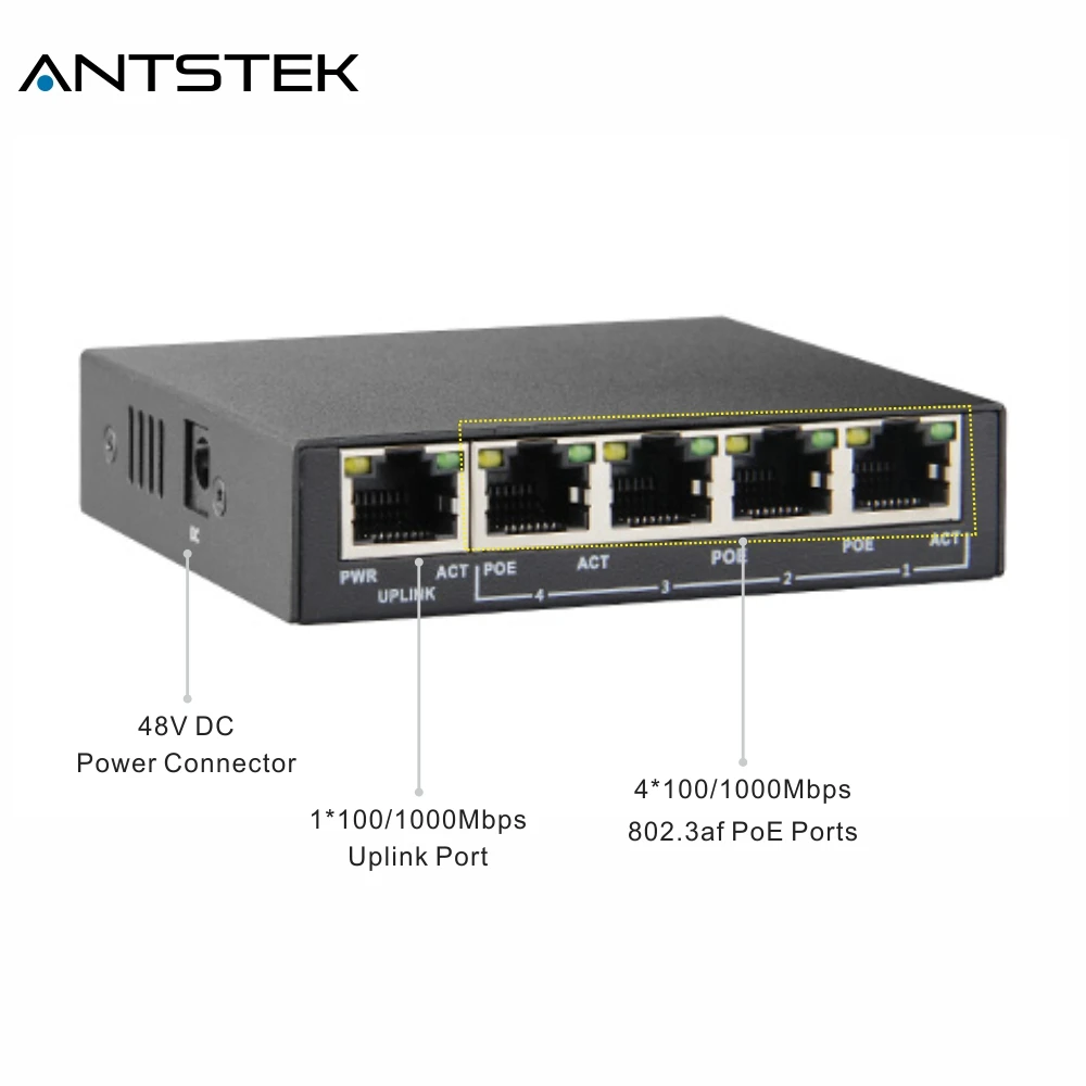 ANTSTEK супер мини 4-Порты и разъёмы 10/100/1000 Мбит/с IEEE802.3af IEEE802.3at PoE + 1-Порты Uplink Palm
