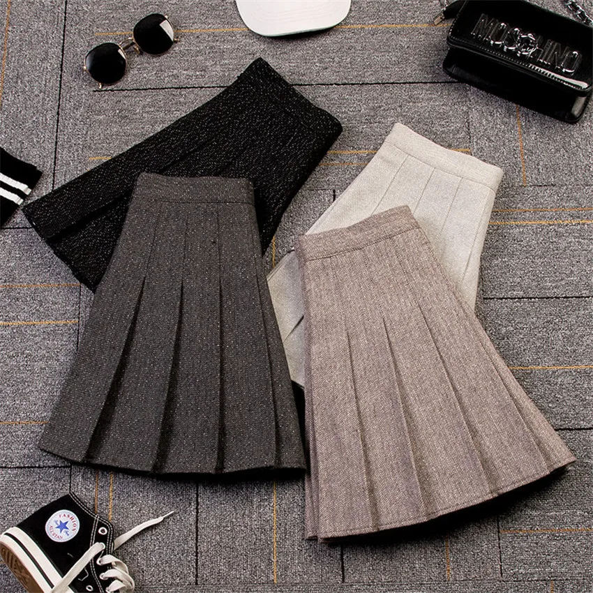 Gowyimmes Winter Big Size S-3XL Women High Waist Pleated Woolen Skirt Windproof Solid kawaii Lady Skirts Harajuku Mini 232 | Женская