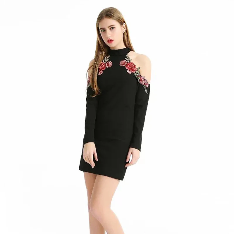 Холтер Цветок Вышивка Dress Женщины С Плеча Сексуальное Короткое Bodycon Весна Халат