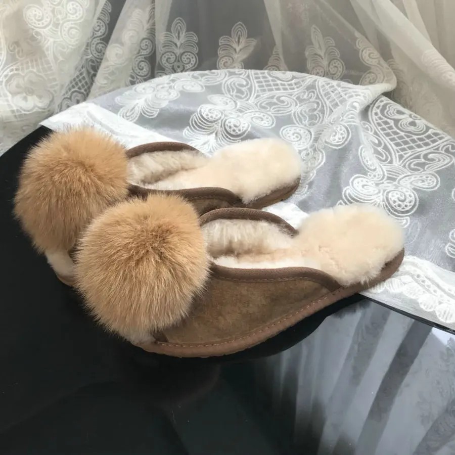 Г., шлёпанцы из овчины с помпонами из лисьего меха натуральная шерсть теплые шлёпанцы женская домашняя обувь на плоской подошве