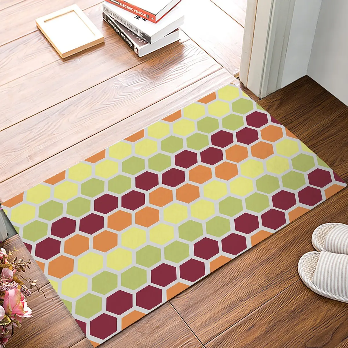 Modern Geometric Orange Yellow And Green Hexagon Door Mats Kitchen Floor Bath Entrance Rug Mat Absorbent Indoor Bathroom Rubber | Дом и сад