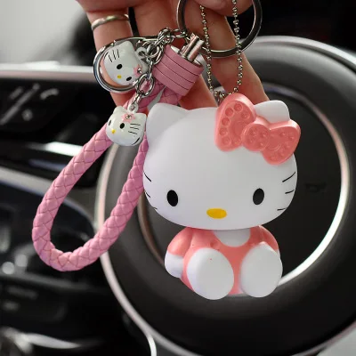 Милый мультяшный брелок hello kitty из кроличьего меха с помпонами, помпонами, брелок для женщин с кожаным ремешком, металлическое кольцо для ключей, цепочка для автомобильных сумок, брелок D35A - Цвет: 11