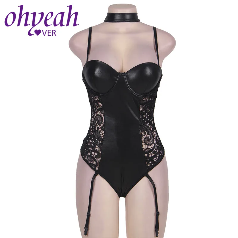 Ohyeahlover Черный боди из искусственной кожи Облегающий комбинезон чокер Teddies облегающий костюм с вырезом на спине полый Женское боди сексуальный RM80384