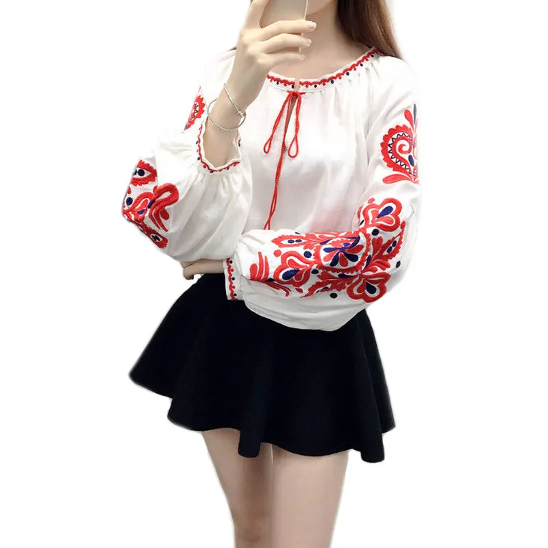 2017 винтажные женские богемные хлопковые и льняные блузки с цветочной вышивкой