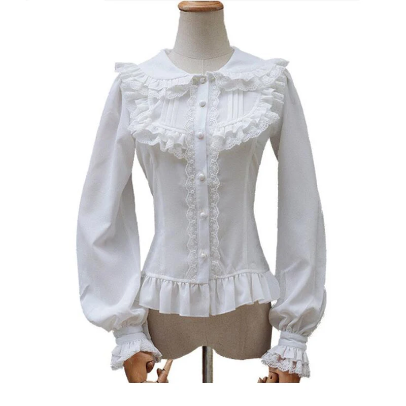 Lolita Blouse Japanese Style Sweet White Lace Long Puff Sleeve Chiffon Womens Shirt Vintage Victorian Women Blouses Ruffle Top
