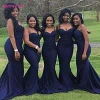 2022 elegant spaghetti straps mermaid bridesmaid dresses cheap satin maid of honor gowns wedding guests party wear plus size