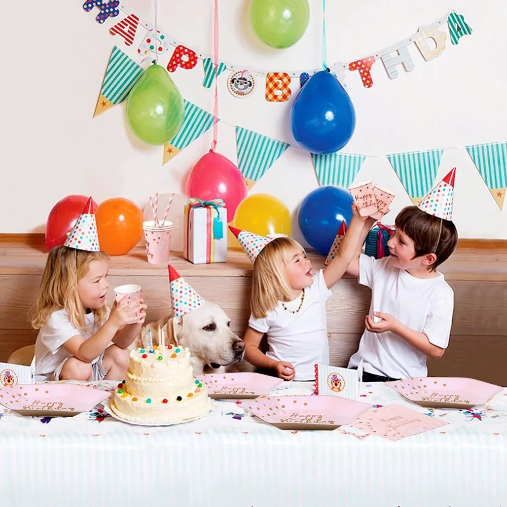 OurWarm Happy Birthday Disposable Party Tableware Pink Paper Cups Plates Napkin s Kids Birthday Party Supplies
