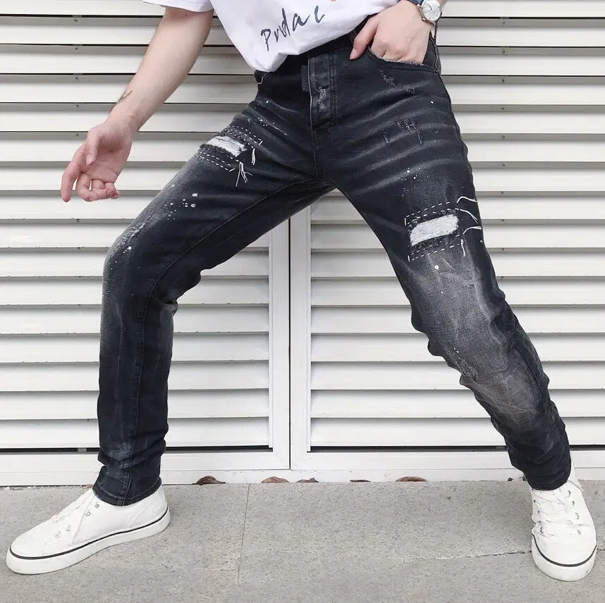 Новые 2019 рваные царапины черные тонкие повседневные мужские джинсы универсальны