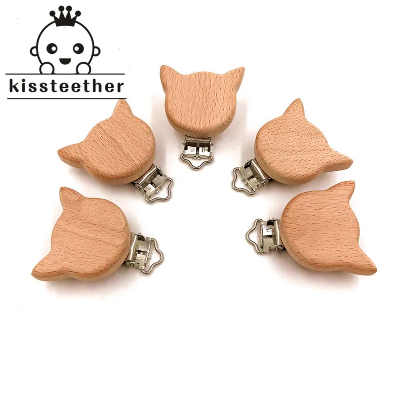 Wooden Cat Shaped Pacifier Clip Silicone Bead Baby clip teething Accessories Clasps Toy DIY Chain Tool | Мать и ребенок
