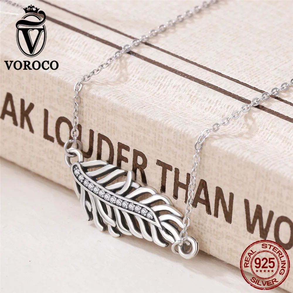 VOROCO 925 Sterling Silver Clear Cubic Zircon Leaf Necklace for Women Clothing Accessories Fine Jewelry Christmas Gifts VSN046 | Украшения