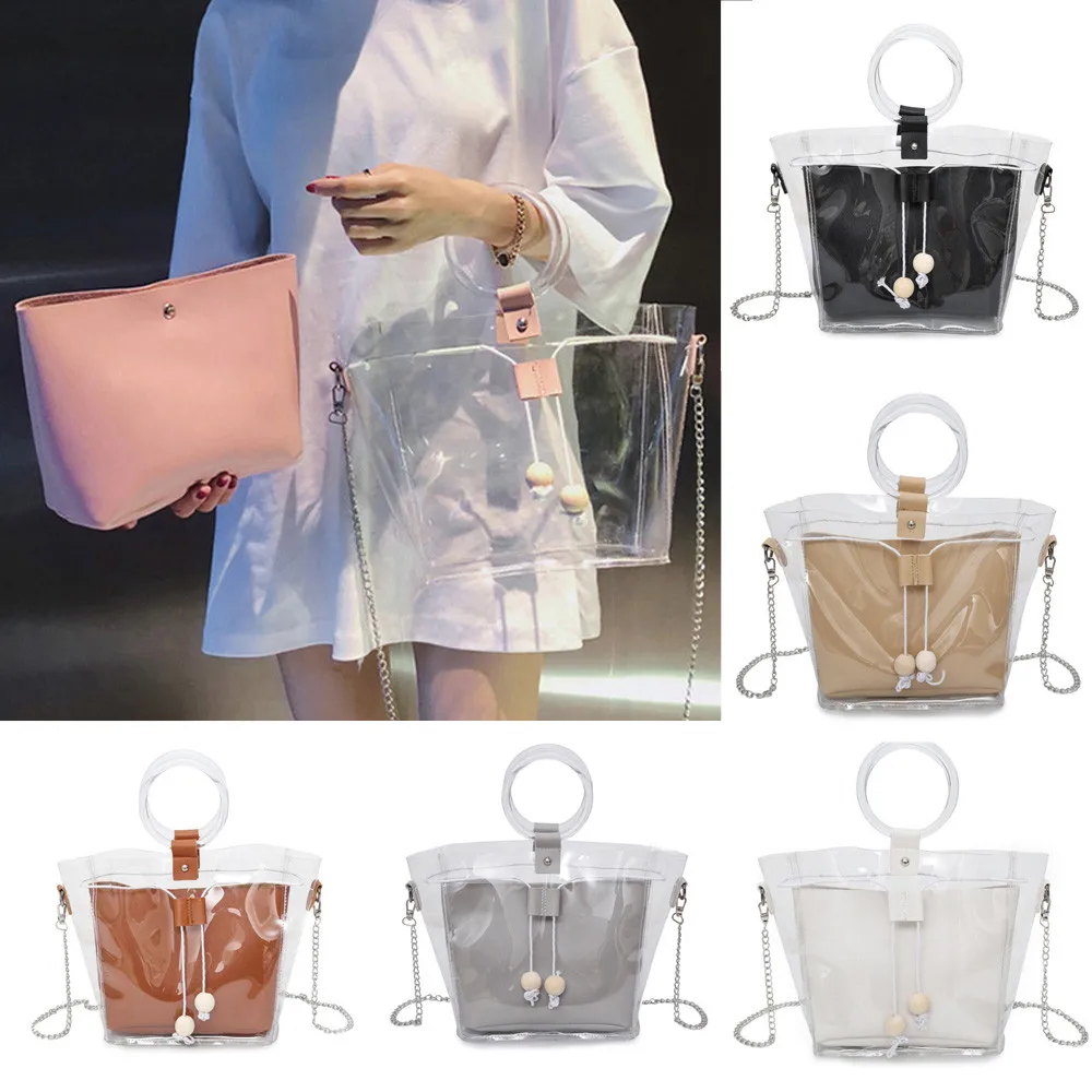 transparent bag Women Shoulder Bag Clear Transparent Drawstring Girls Composite Handbags sacos para as mulheres 2018 7.876 | Багаж и сумки