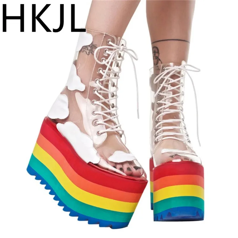 HKJL/ г. Летние прозрачные женские туфли с перекрестными ремешками больших размеров 34-45 Модные женские ботинки на танкетке с радужной подошвой Z057