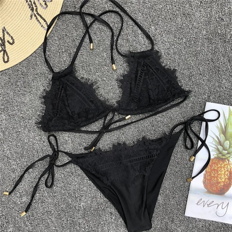 Бикини 2018 купальный костюм женский чистый цвет сексуальный кружевной купальник