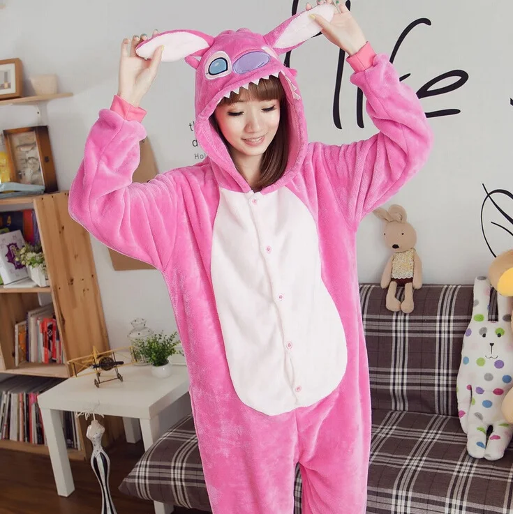 Pink Stitch PSEEWE фланелевые пижамы с животными, цельный стежок, зимний комбинезон для взрослых, косплей, Мультяшные животные, пижамы для женщин и мужчин, теплая одежда для сна - Цвет: Pink Stitch