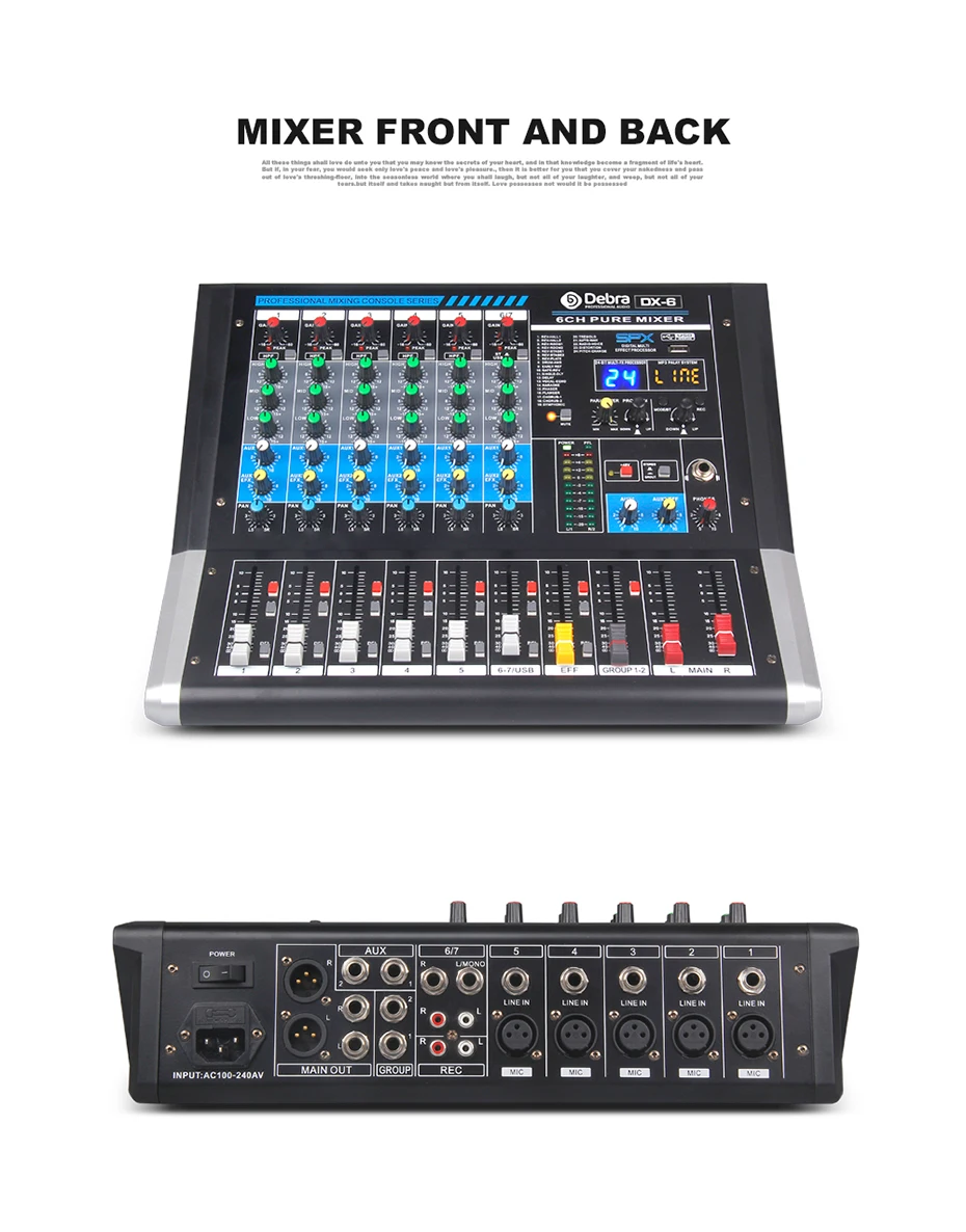 Дебра аудио DX-6 6-ти канальный аудио dj микшер контроллер звуковая карта с 24 DSP эффект, включающим в себя гарнитуру блютус и флеш-накопитель USB XLR Jack Aux Вход