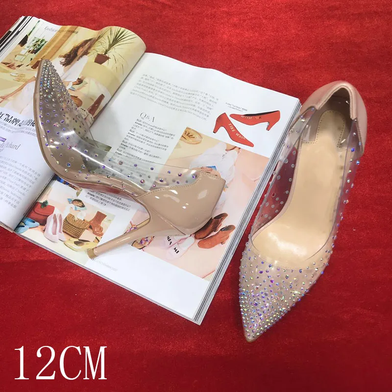Nude 12CM Туфли с красным верхом на высоком каблуке цвета: золотистый, серебристый с украшением в виде кристаллов; Цвет Стразы прозрачные свадебные туфли невесты; прозрачные женские вечерние Высота каблука 10 см или 12 см - Цвет: Nude 12CM