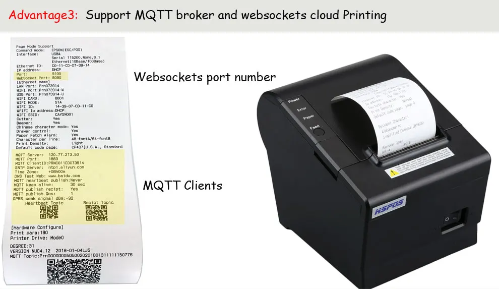 MQTT 58 мм wifi pos принтер с usb и портом lan Поддержка облачной печати 130 мм/сек. с резаком