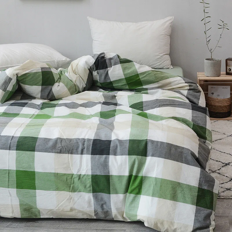 One pieces 100% cotton Yarn weave washed green grey plaid duvet cover/blanket cover/quilt cover Japanese style | Дом и сад - Фото №1