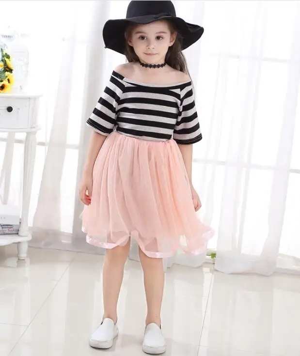 2019 summer new ins girls children's fashion trend striped stitching mesh dress in the big girl princess | Детская одежда и