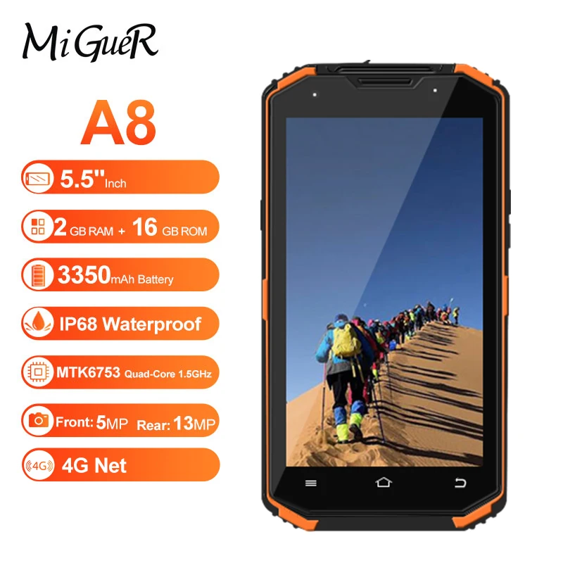 MiGueR A8 IP68 прочный смартфон 5 &quotHD 2 Гб ОЗУ 16 ПЗУ 3350 мАч MTK6735 четырехъядерный