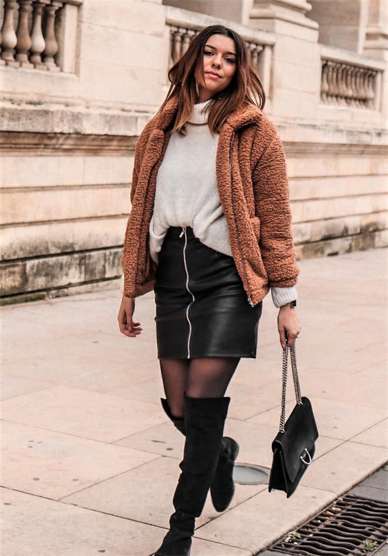 Dotfashion куртка с двойным карманом из искусственного меха цвета хаки Женская осенне-зимняя новая стильная куртка на молнии с воротником и длинным рукавом элегантное пальто из акрила