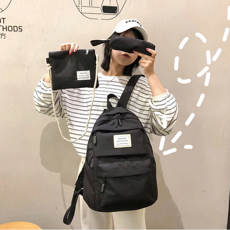 

3pcs/Set Waterproof Nylon Women Backpack Female Large Capacity School Bags For Girls Black Khaki Korean Style Travel Bag Mochila