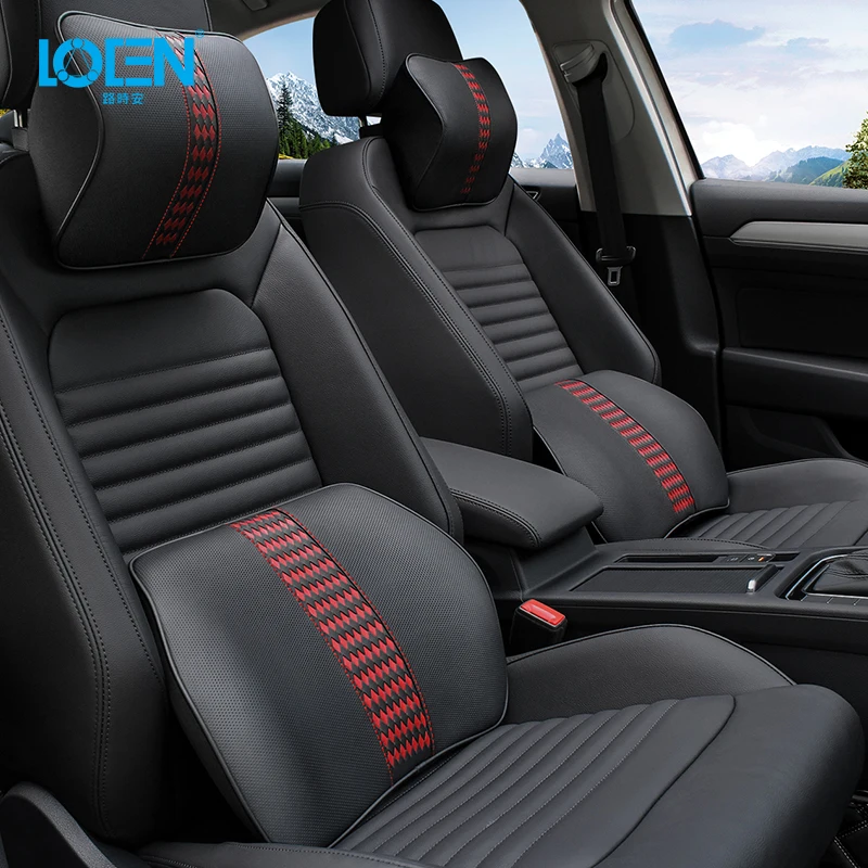 

LOEN 1 SET High Quality Leather Auto Car Neck Pillow + Lumbar Support Memory Foam Pillows Head Rest Car Seat Headrest Cushion