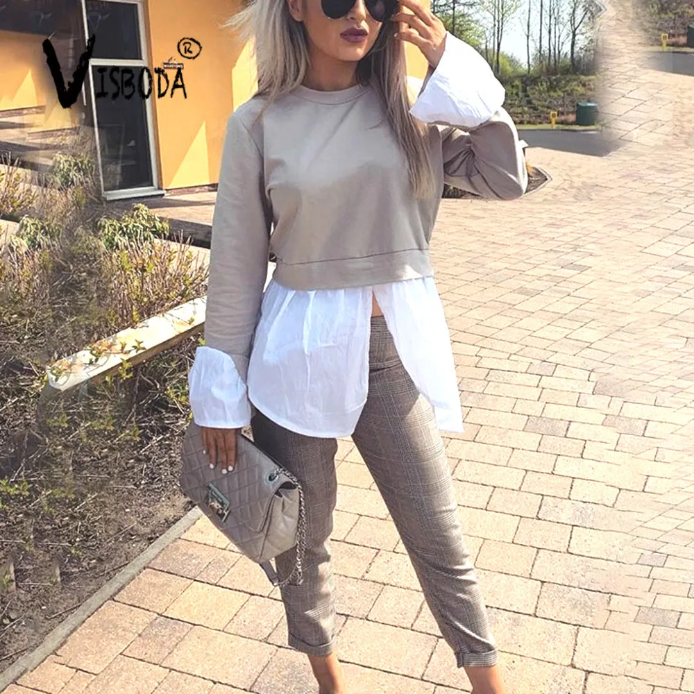 Осенние Топы с длинными рукавами блузки женские Лоскутные 2 шт неоновый розовый