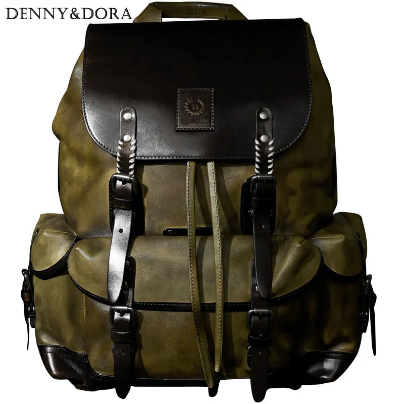 Luxury Mens  Cow Leather Backpack Travel Bag Large Capacity Retro Leather Bag Simple Military Style