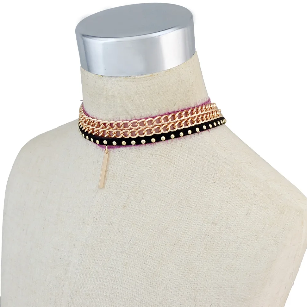 4 Шт./компл. Панк Черная Кожа Золото Проба Цепи Шарм Роза Ткань Воротник Короткие