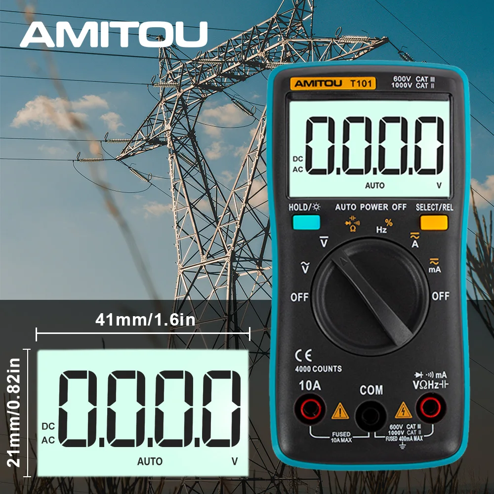 AMITOU T101 Portable Digital Multimeter 4000 Counts LCD Display Auto Range AC/DC Voltage Ammeter With Storage Bag | Инструменты