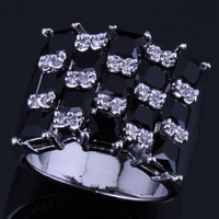 lovely square black cubic zirconia white cz silver plated ring v0578