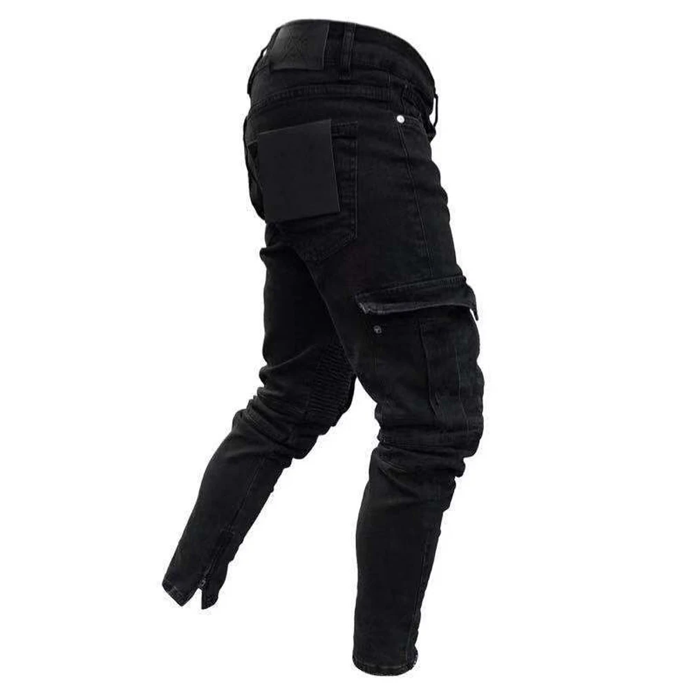 Mens Comfy Stretch Skinny Denim Jeans Pleated Cargo Pants Men Skinny Jeans Frayed Destroyed Trousers Casual Denim Pants Slim Fit