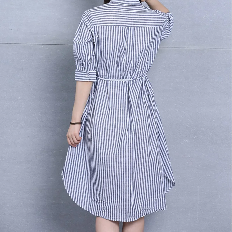 Женское свободное платье в Вертикальную Полоску осеннее рубашка с воротником