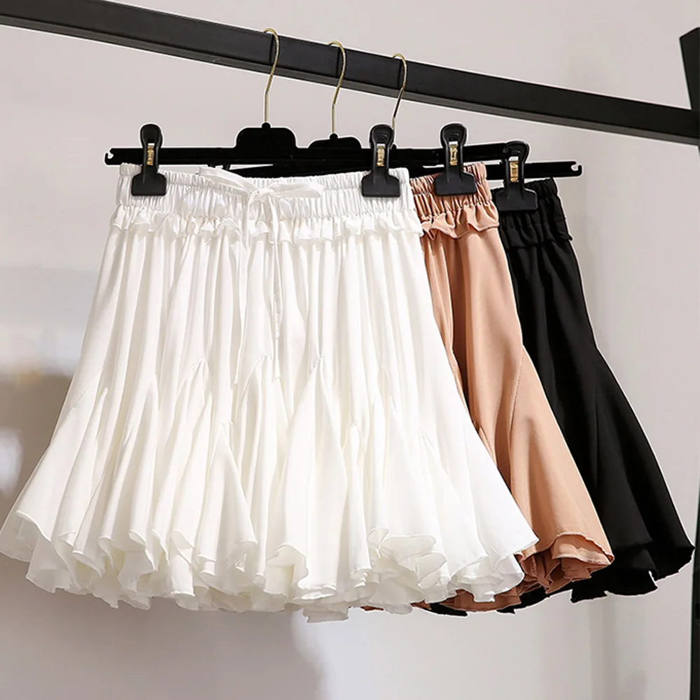 Womens Pleated Layer Ruffles Frill Shorts White Princess Chiffon Summer Casual Ladies Girls Elastic High Waist Mini Skirt Shorts