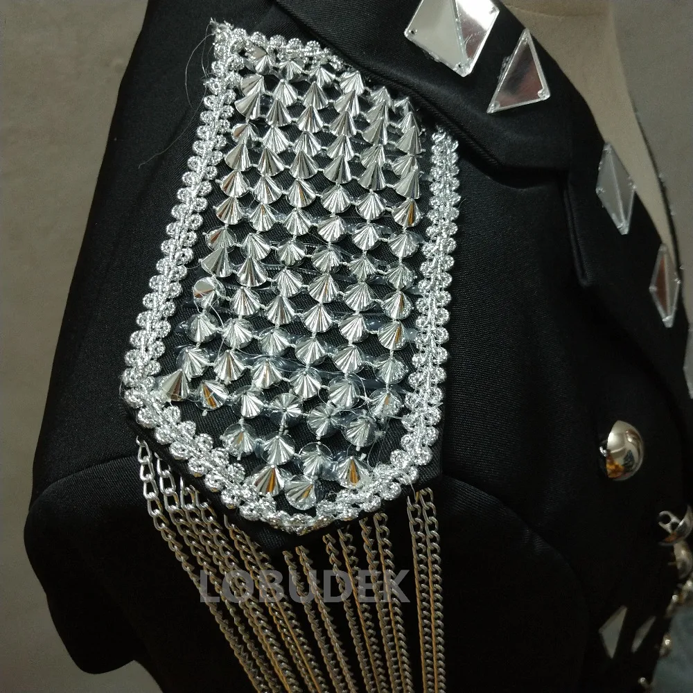 Silvery Rivet Mirrors Blazers Black Slim Coat Nightclub Sequins Stage Costume Men Singer Host Performance Clothes Outerwear | Мужская