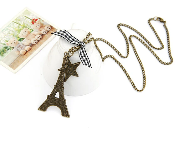 

Vintage Style Retro Star Eiffel Tower Charms Pendant Necklace Bronze Sweater Long Chain Necklaces Jewelry