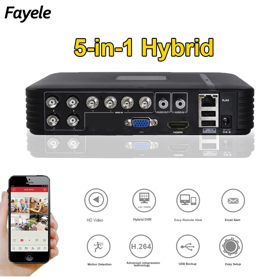 

8CH CCTV DVR AHD 1080P CVI TVI Analog IP 5in1 Hybrid DVR Surveillance Video Recorder P2P Mobile View ONVIF HDMI 1CH Audio IN OUT