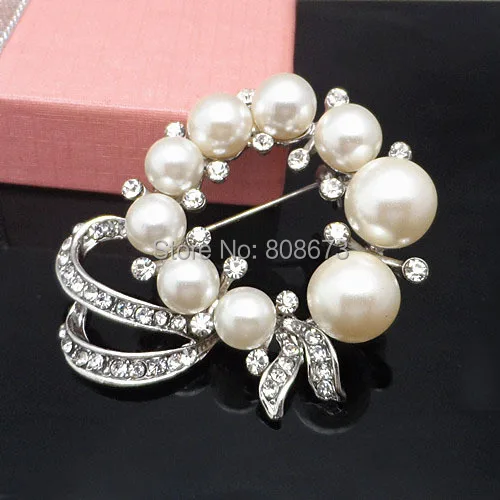 

Vintage Silver Tone Pretty Faux Pearl Wreath Women Wedding Brooch Crystal Diamante Bridal Pin Brooches