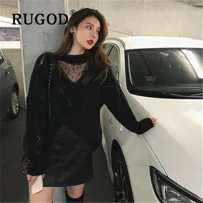 Женский трикотажный свитер RUGOD черный пуловер с круглым вырезом вышивкой в виде
