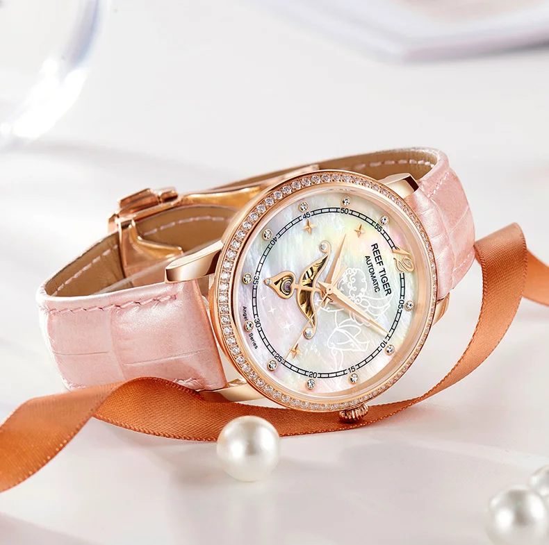 Reef Tiger/RT дизайнерские модные женские часы Reloj Mujer MOP Dial бриллианты Автоматическая телячья кожа водонепроницаемые часы RGA1550