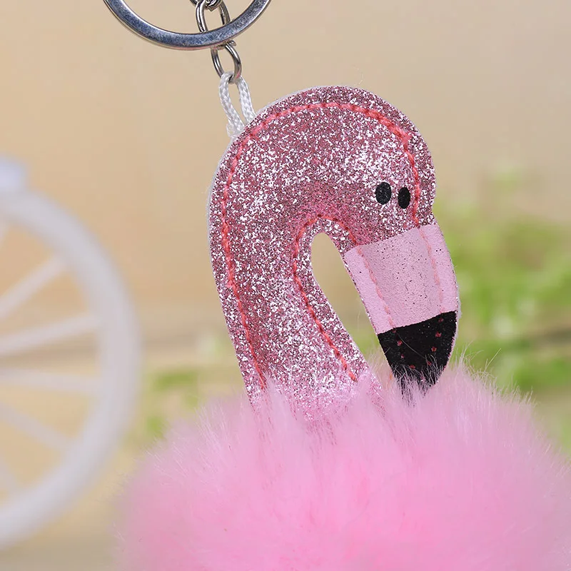 High Quality Anime Flamingo Toy Cute Leather KeyChain Plush Pendant Women Fluffy Fur Pom Keyring Bag Hang | Украшения и