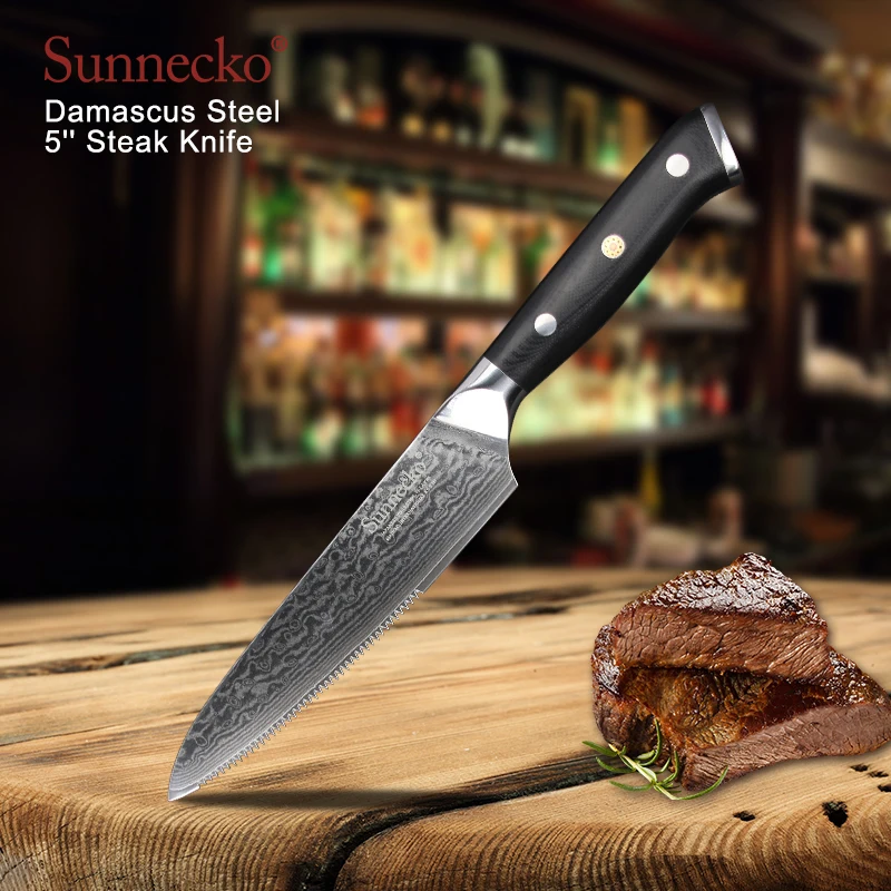 SUNNECKO Premium 5&quot inch Steak Knife Damascus Japanese VG10 Steel Blade Kitchen Knives G10 Handle Razor Sharp Meat Cutter | Дом и сад
