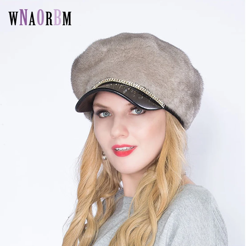 Real mink fur hat imported female fur cap luxury high-end hat natural fur hat ladies winter warm hat with cap octagonal cap