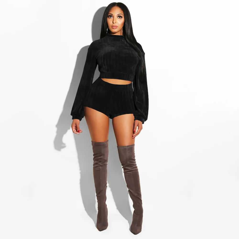 Adogirl осень Velvet Bodycon Для женщин Двойка шорты короткие топы с длинными Sheeve