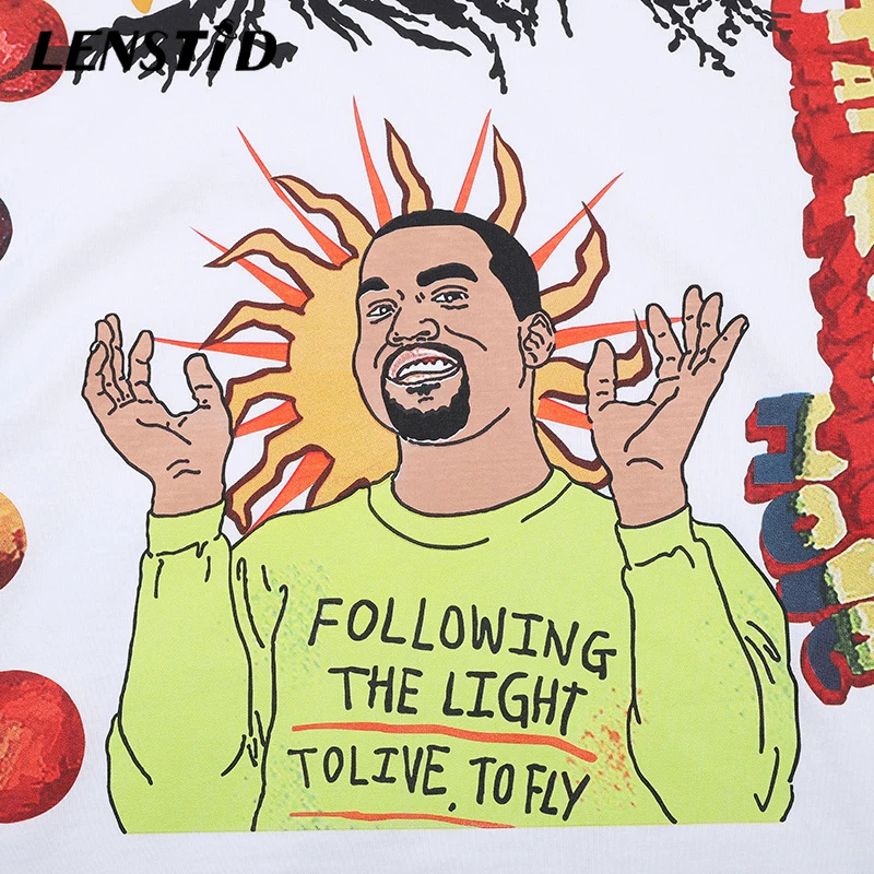 LENSTID граффити мультфильм Kanye печати уличная футболки для мужчин забавные хип хоп