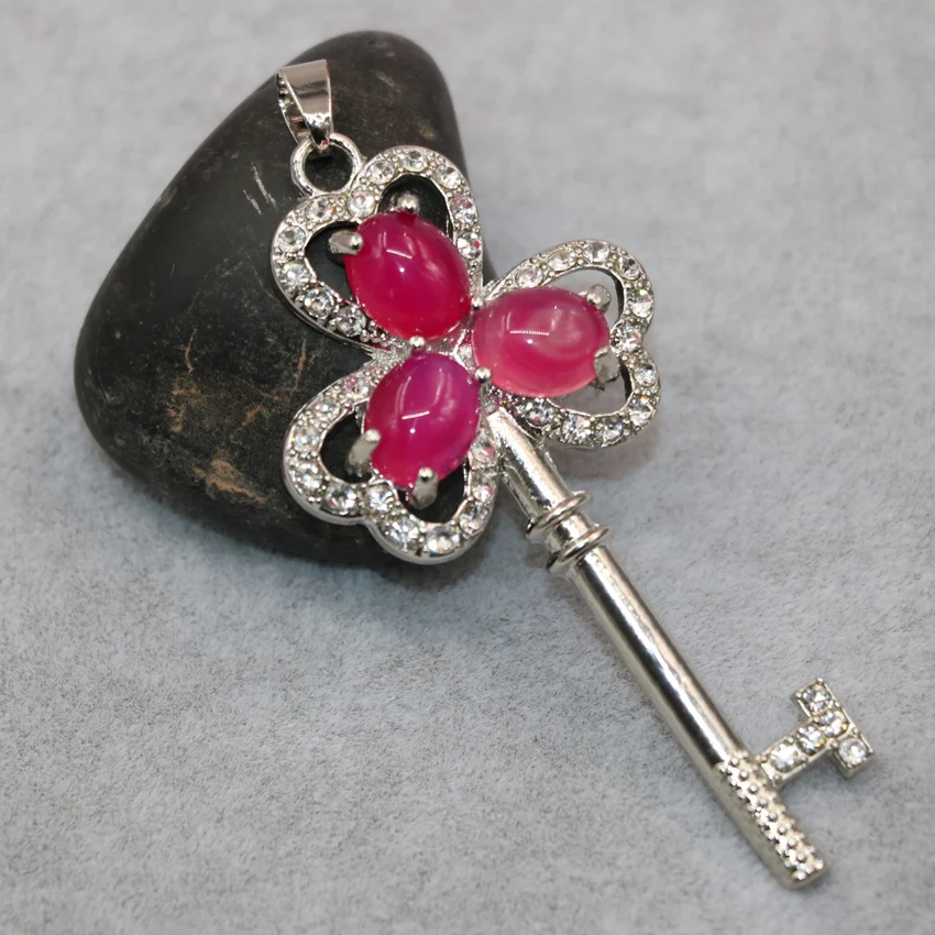 Серебряный цвет Подвески Цветок Ключ форма кулон для женщин 33*70 мм красные