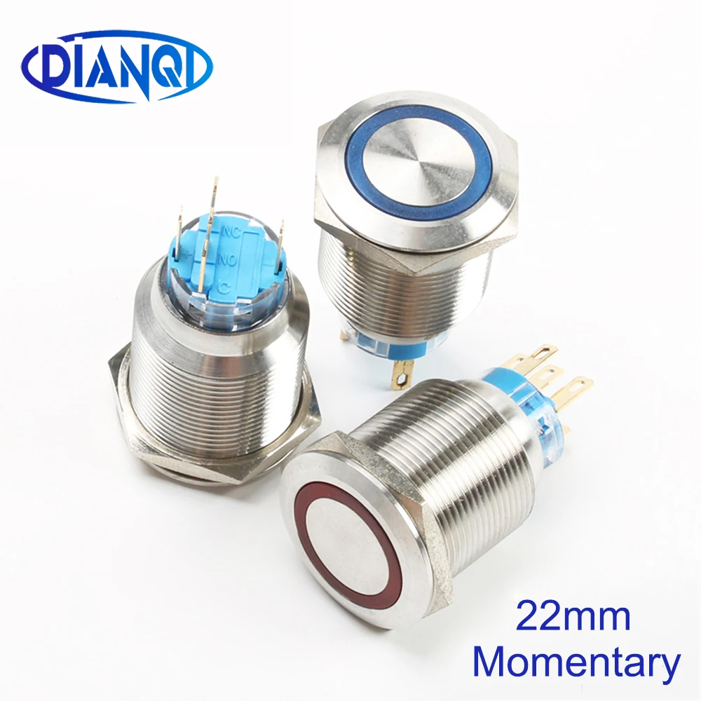

Металлическая светодиодная Кнопка 22 мм, водонепроницаемая кольцевая подсветка из нержавеющей стали 1NO 1NC, плоский переключатель 22hx.f. K5, бесп...