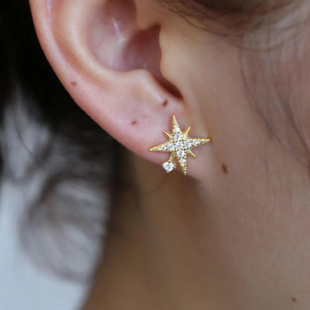 100% 925 sterling silver delicate jewelry starburst stud pave clear CZ cubic zirconia dainty Christmas gift star lovely earring | Украшения