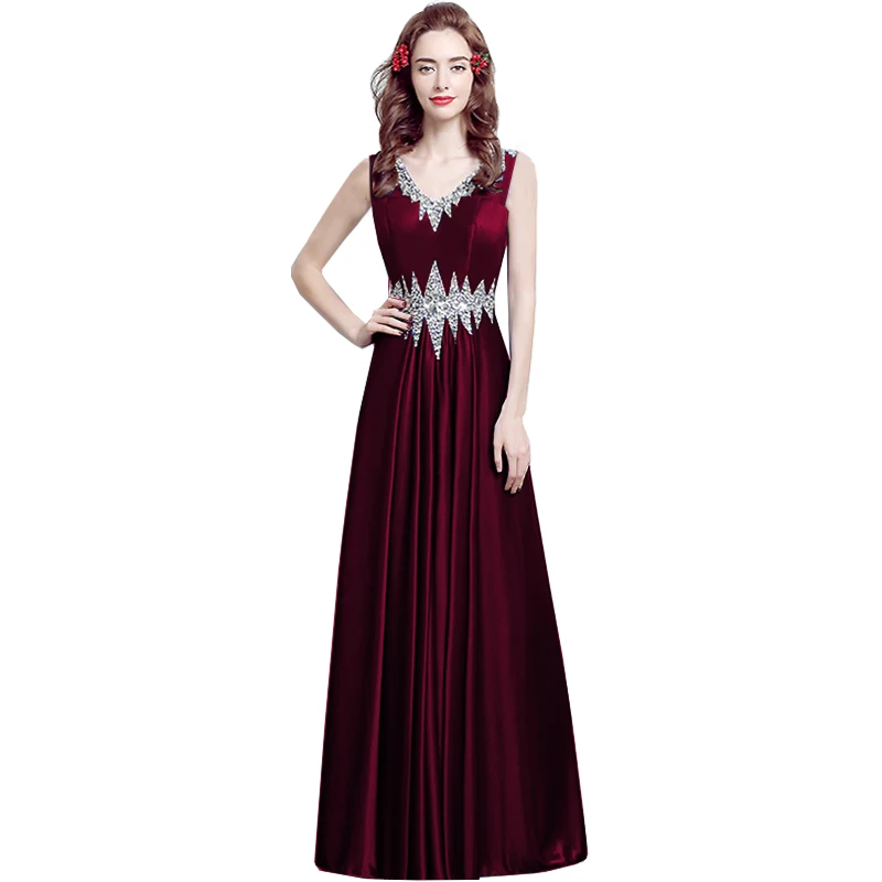 Red wine Ladybeauty, новинка, длинное вечернее платье с бисером, синее, с двойным v-образным вырезом, недорогие вечерние платья без рукавов, вечерние платья для выпускного вечера - Цвет: Red wine